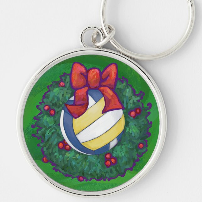 Football in Christmas Wreath on Green Key Ring (Front)