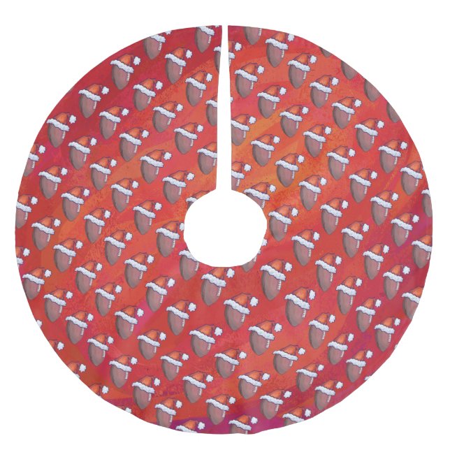 Football in Santa Hat on Red Brushed Polyester Tree Skirt (Front)
