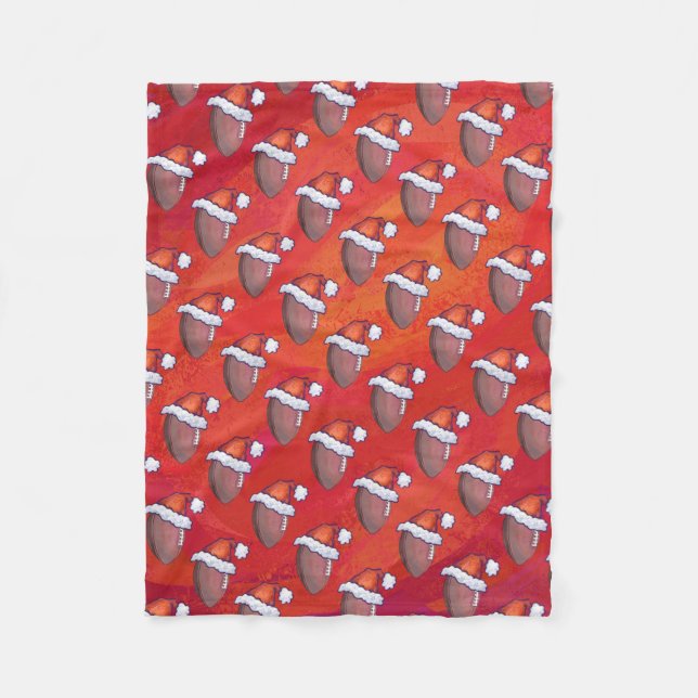Football in Santa Hat on Red Fleece Blanket (Front)