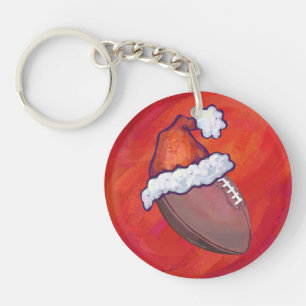 Football in Santa Hat on Red Key Ring