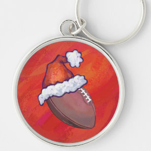 Football in Santa Hat on Red Key Ring