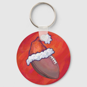 Football in Santa Hat on Red Key Ring