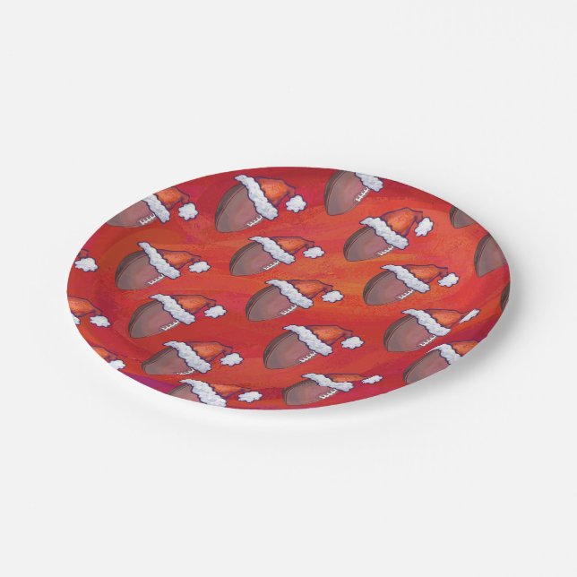 Football in Santa Hat on Red Paper Plate (Angled)