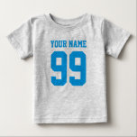 Football jersey boy bodysuit | Sports baby clothes<br><div class="desc">Personalised football jersey number baby jumpsuit / bodysuit with athletic stripes. Custom sports baby clothing for infant boys and girls. Personalizable one piece creeper with name of newborn child. Cute gift idea for 1st Birthday or baby shower party. Sporty striped sleeves unisex baby suit. Available in navy blue, royal blue,...</div>