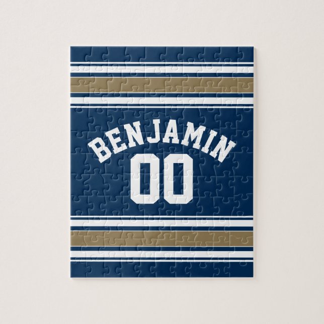 Football Jersey Navy Blue Gold Stripes Name Number Jigsaw Puzzle (Vertical)