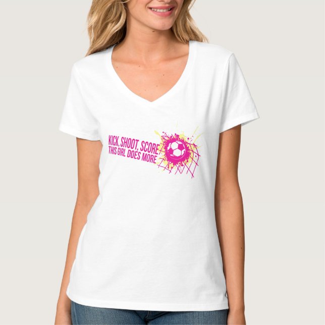 Football kick shoot score girls soccer t-shirt (Front)
