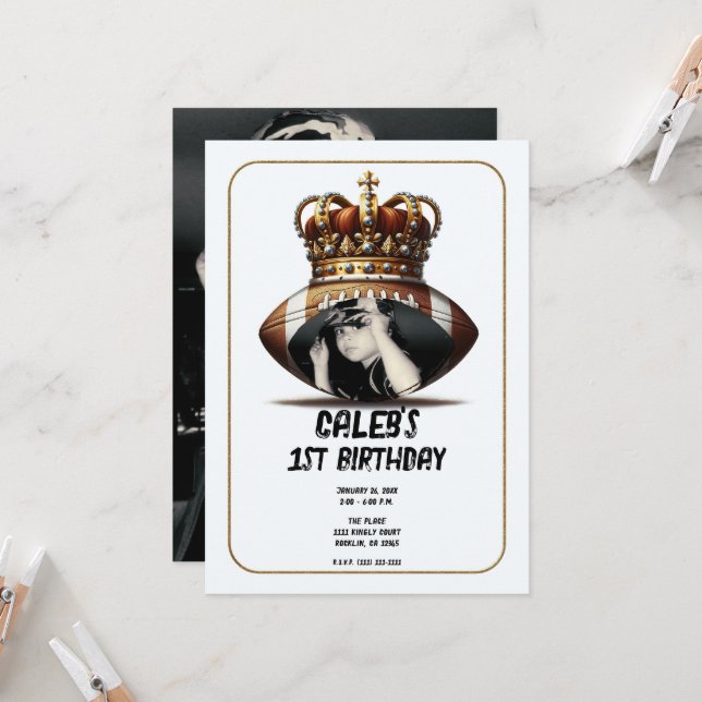 Football King Gold Crown Photo 1st Birthday  Invitation (Front/Back In Situ)