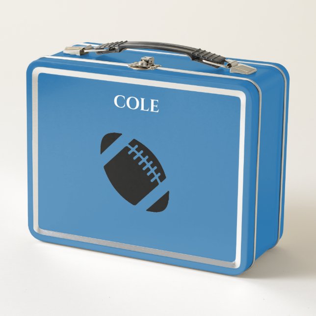 Football Metal lunchbox in light blue/custom name. (Front)