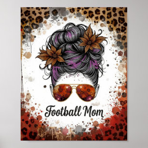 Football Mum Leopard Messy Bun Purple Floral Poster