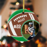 Football Name Jersey Number Photo Keepsake Ceramic Tree Decoration<br><div class="desc">This design features a football background with space for a name, number and photo. Click the customise button for more flexibility in adjusting the text! Variations of this design as well as coordinating products are available in our shop, zazzle.com/store/doodlelulu. Contact us if you need this design applied to a specific...</div>