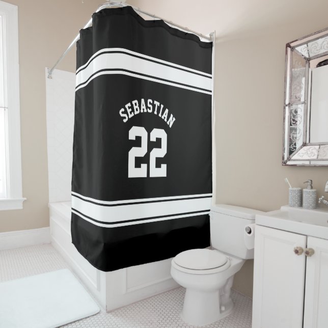Football Novelty Personalised Jersey Black White Shower Curtain (In Situ)