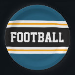FOOTBALL Ocean Teal Black White Yellow Stripes Paper Plate<br><div class="desc">This sporty,  athletic design features bold FOOTBALL text inside a wide black centre horizontal stripe adjoined with white and golden yellow racing stripes against ocean teal blue outer stripes.   The text can be personalised.</div>