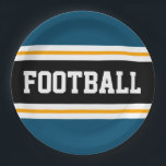 FOOTBALL Ocean Teal Black White Yellow Stripes Paper Plate<br><div class="desc">This sporty,  athletic design features bold FOOTBALL text inside a wide black centre horizontal stripe adjoined with white and golden yellow racing stripes against ocean teal blue outer stripes.   The text can be personalised.</div>