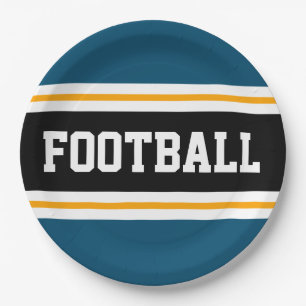 FOOTBALL Ocean Teal Black White Yellow Stripes Paper Plate