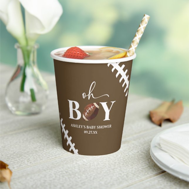 Football Oh Boy Brown White Baby Shower Paper Cups (Insitu)