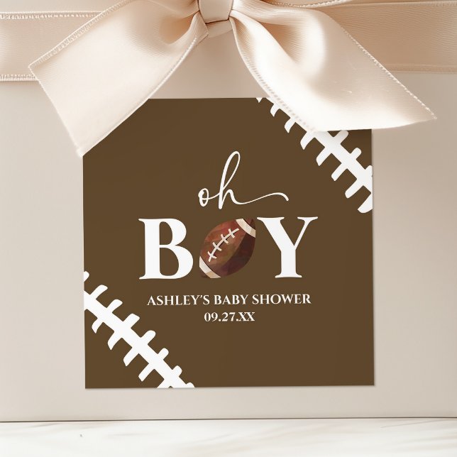 Football Oh Boy Brown White Baby Shower Square Sticker (Creator Uploaded)