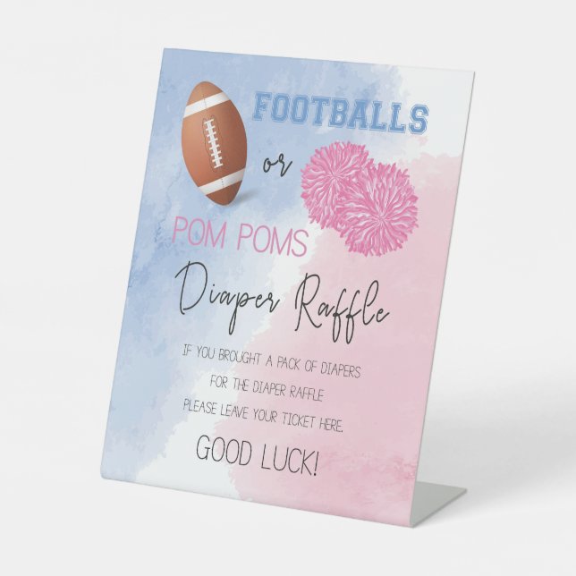 Football or pop poms gender reveal diaper raffle  pedestal sign (Front)