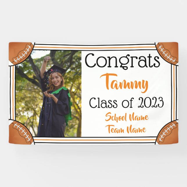 Football Orange & Black One Photo Graduation Banner (Horizontal)