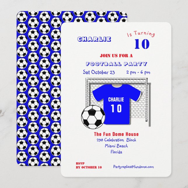 Football Party Blue Football Shirt Personalised Invitation (Front/Back)