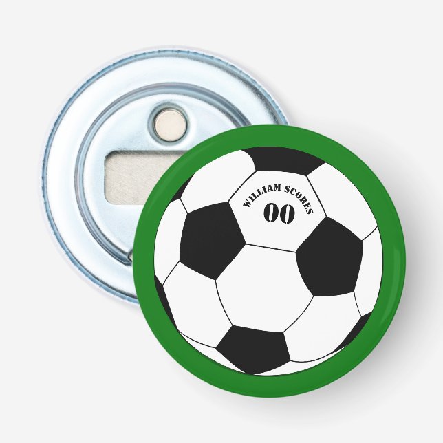 Football party, Soccer Ball with Name & Number Bottle Opener (Front)