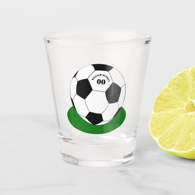 Football party, Soccer Ball with Name & Number Shot Glass (Front)