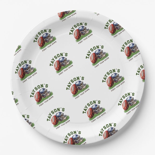 Football Pattern First Year Down 1st birthday Paper Plate (Front)