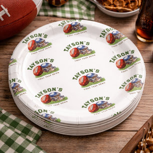 Football Pattern First Year Down 1st birthday Paper Plate