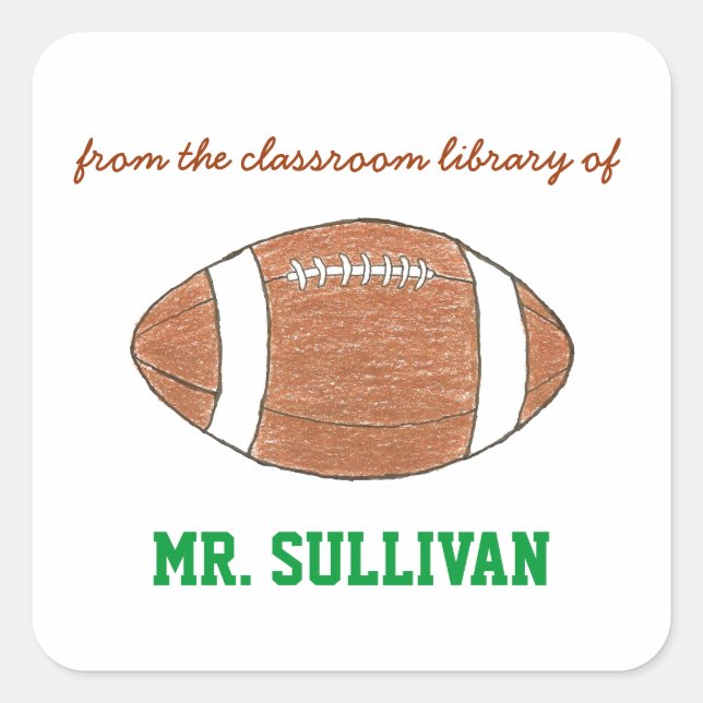 Football personalized teacher bookplate square sticker (Front)