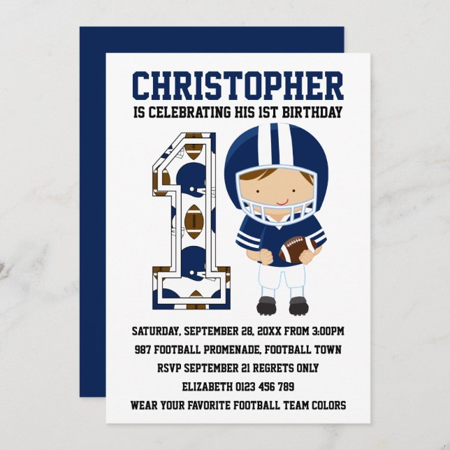 Football Player Blue White 1st Birthday Party Invitation (Front/Back)