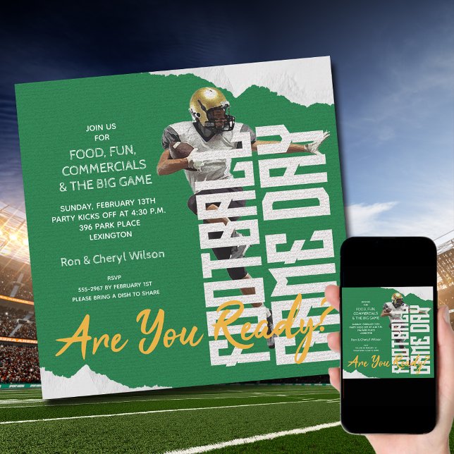 Football Player Game Day Green Invitation (Order INSTANT DOWNLOAD to send digitally or PRINTED cards to mail or both!
)
