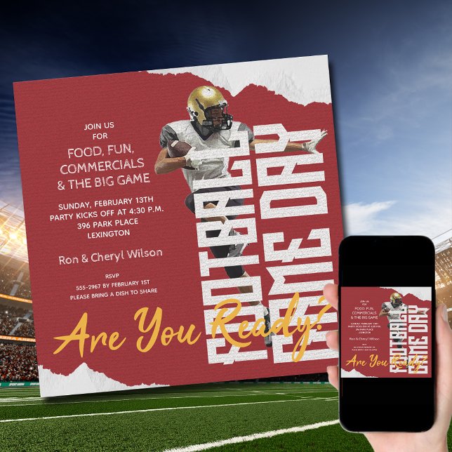 Football Player Game Day Red Invitation (Order INSTANT DOWNLOAD to send digitally or PRINTED cards to mail or both!
)