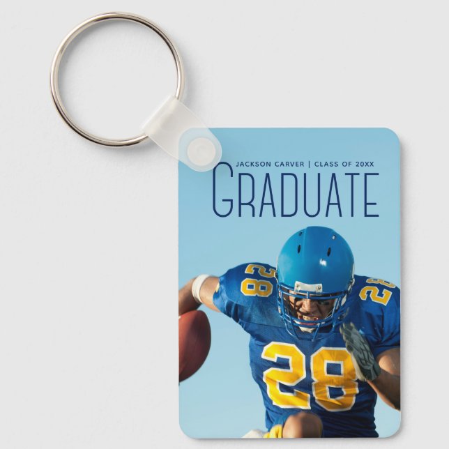 Football Player Graduation 2024 Blue Script Photo Key Ring (Front)