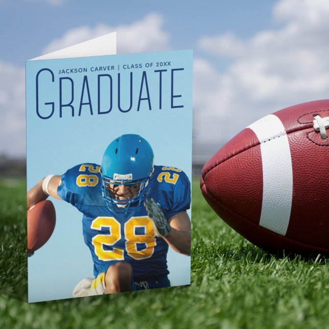 Football Player Graduation Photo Blue Script Announcement (Creator Uploaded)