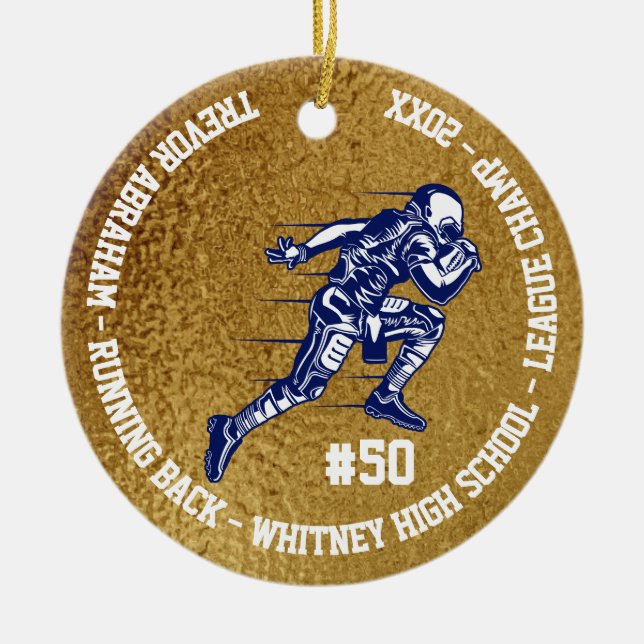 Football Player Monogram Team School Faux Gold Ceramic Tree Decoration (Front)