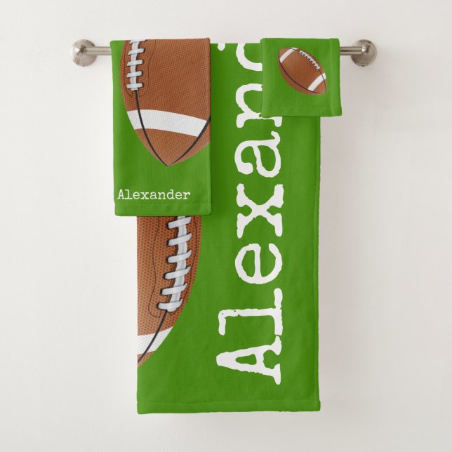 Football Player Monogrammed Name Green Bathroom Bath Towel Set (Insitu)
