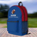 Football Player Personalised Team Colours Name  Printed Backpack<br><div class="desc">Super fun,  sporty backpack featuring a football and two lines of custom text. Easily change the colours to match your team colours. Roomy enough for books,  computer,  sports gear and more - or use as a travel or sleepover bag too. Your football fan/player/team will truly love this custom backpack.</div>