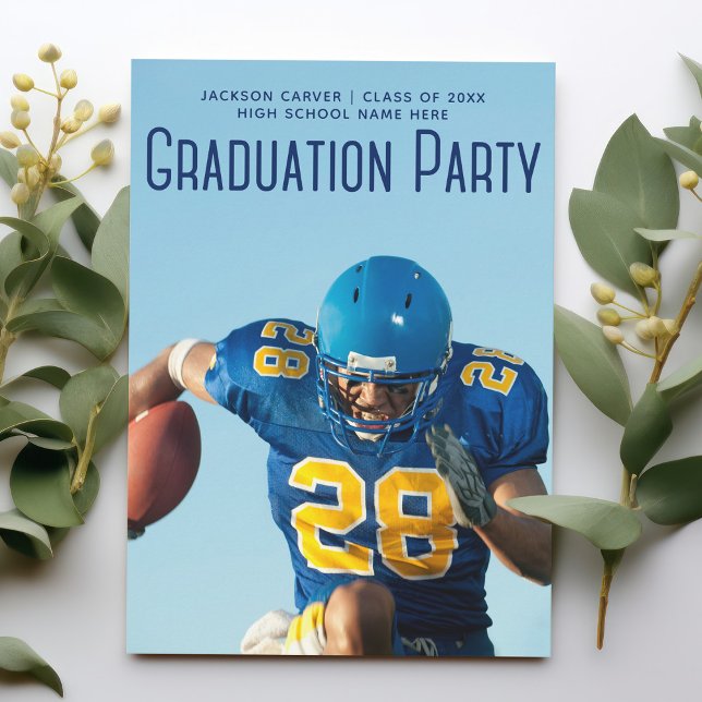 Football Player Photo Blue Script Graduation Party Invitation (Creator Uploaded)