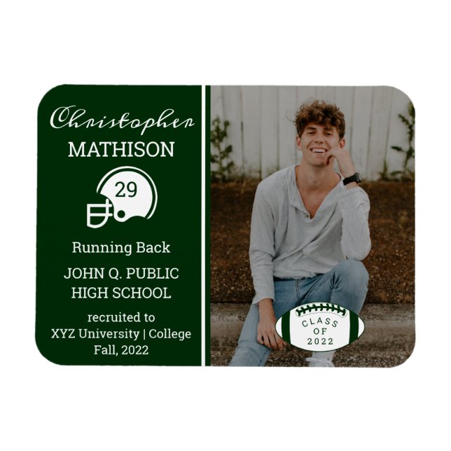 Football Player Photo Green | White Graduation Magnet (Horizontal)