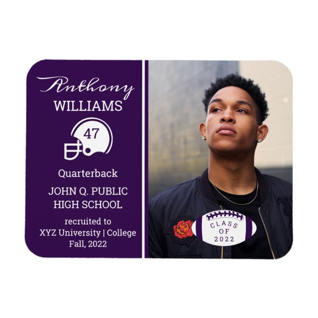 Football Player Photo Purple | White Graduation Magnet (Horizontal)