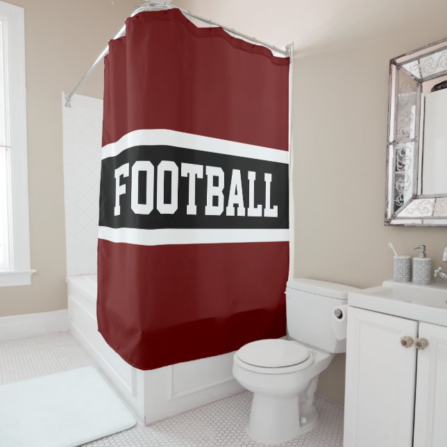 FOOTBALL Retro Deep Red Black White Sporty Stripes Shower Curtain (In Situ)