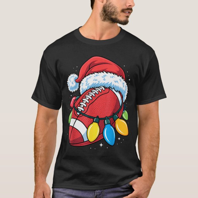 Football Santa Hat Christmas Lights Festive Touchd T-Shirt (Front)