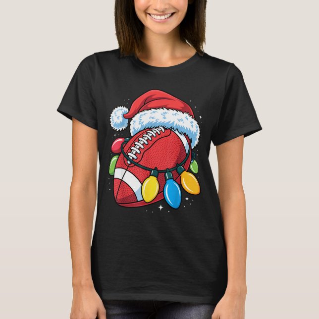 Football Santa Hat Christmas Lights Festive Touchd T-Shirt (Front)