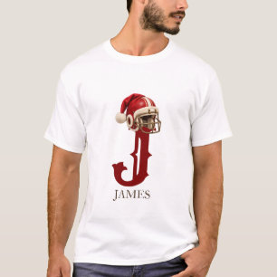 Football Santa Hat Monogram Name Christmas T-Shirt