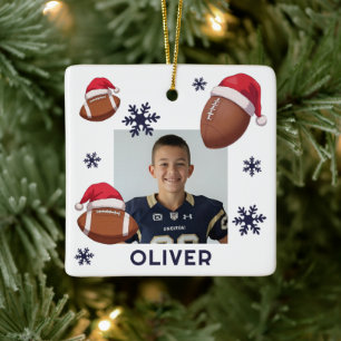 Football Santa Hat Name Photo Christmas  Ceramic Ornament