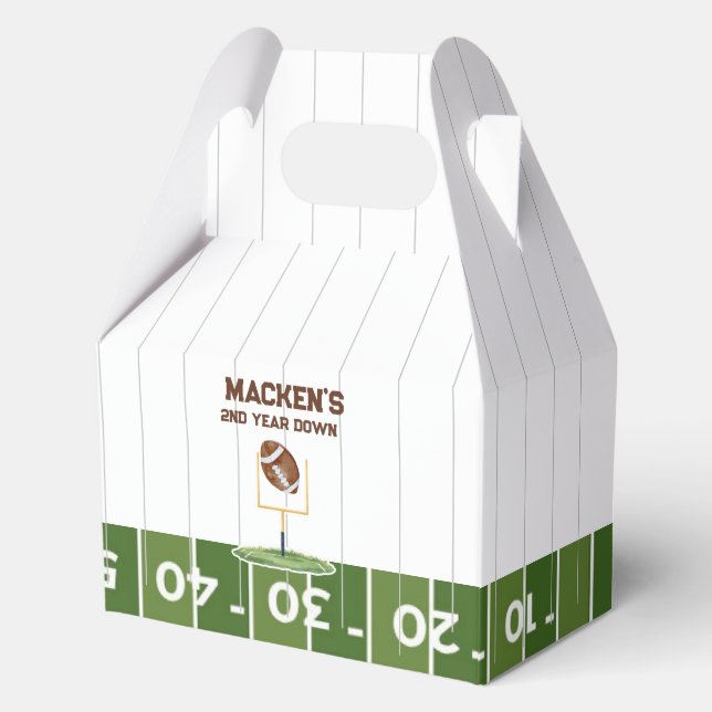 Football second year down boy birthday favour box (Front)