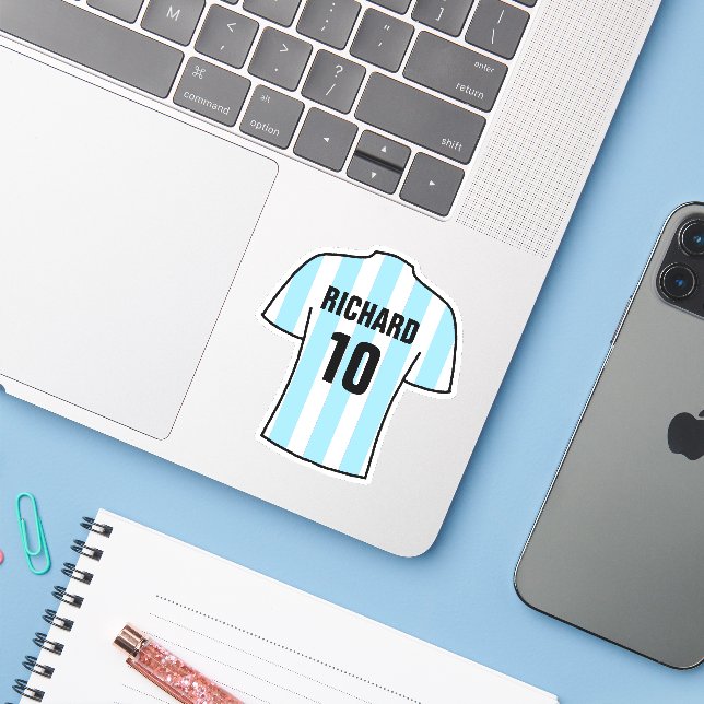 Football shirt design in LightBlue & White Stripes (Laptop w/ iPhone)