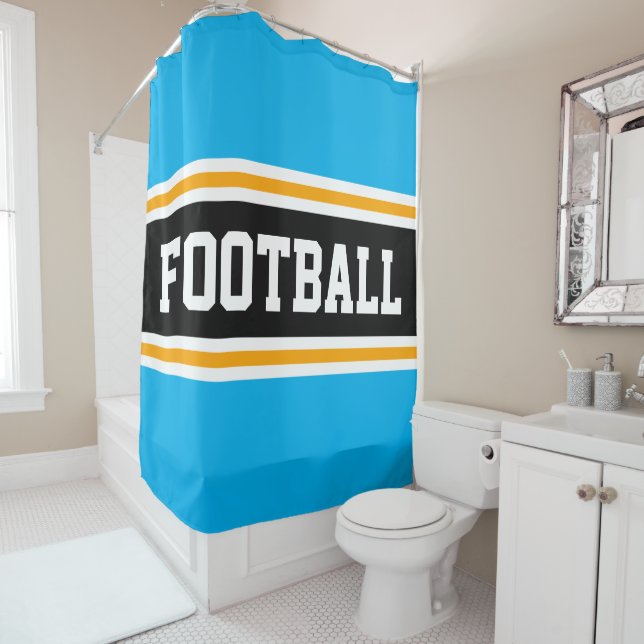 FOOTBALL Sky Blue Black Yellow Racing Stripes Shower Curtain (In Situ)