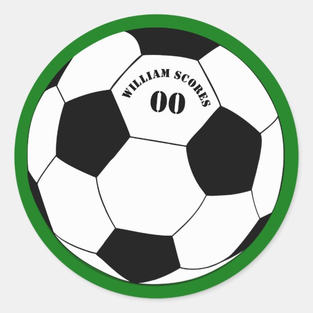 Football, Soccer Ball with Name & Number Classic Round Sticker (Front)