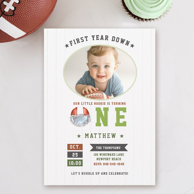 Football Sports First Year Down Boy 1st Birthday Invitation (first year down football birthday invitation photo sports boy green boy 1st party)