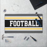 FOOTBALL Sporty Grey Black Yellow Racing Stripes  Desk Mat<br><div class="desc">This colourful,  bold sporty design features athletic FOOTBALL text inside a wide centre black stripe adjoined with golden yellow,  white,  and grey racing stripes.  The colours and text in this design can be personalised.</div>